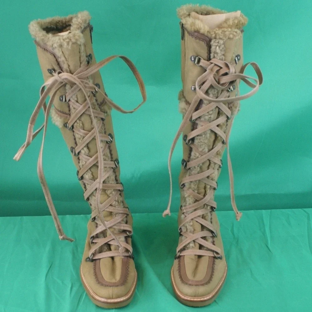 Cole Haan Tan Leather Shearling Lined Tall Lace Up Boots Zip Scalloped Trim W7.5